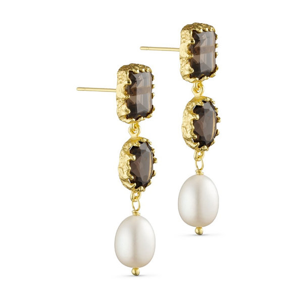 PURE BY NAT - OHRSTECKER SMOKY QUARTZ PEARL - GOLD - 45MM